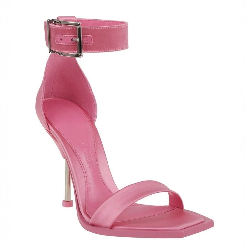 Alexander McQueen Stiletto Sandal Heels Pink Calf Leather Satin US 6.5 / 36.5